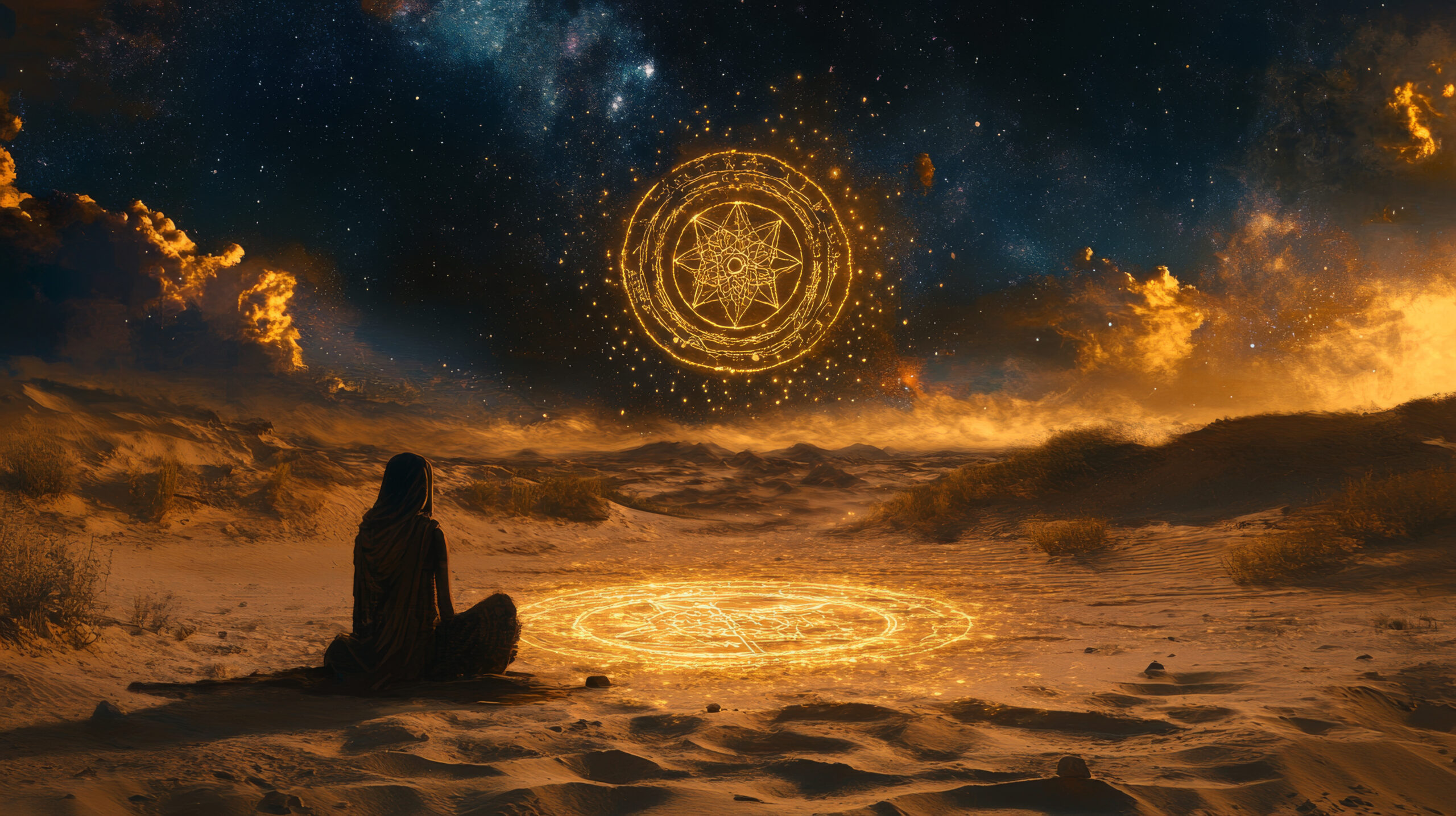 Schamane sitzt in der Wüste unter Sternenhimmel mit kosmischen Symbol - Titelbild der "Shamanic Breathwork - Cosmic healing Journey" bei Gaia Spirit