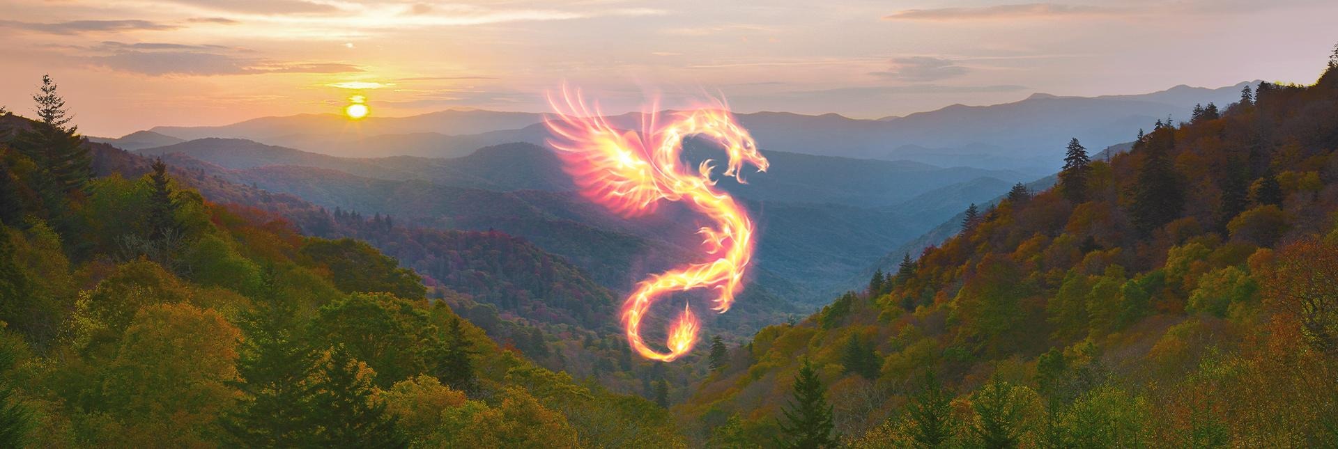 Feuerdrache vor hügeliger Landschaft - Titelbild des Online-Kurs "Herz der Drachen" - Teil der schamanischen Ausbildung "Drums of Mother Earth"